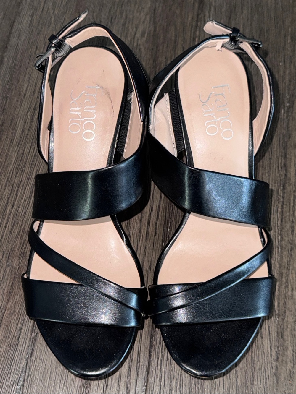 Franco Sarto Black Leather Strappy Slingback Wedge Sandals